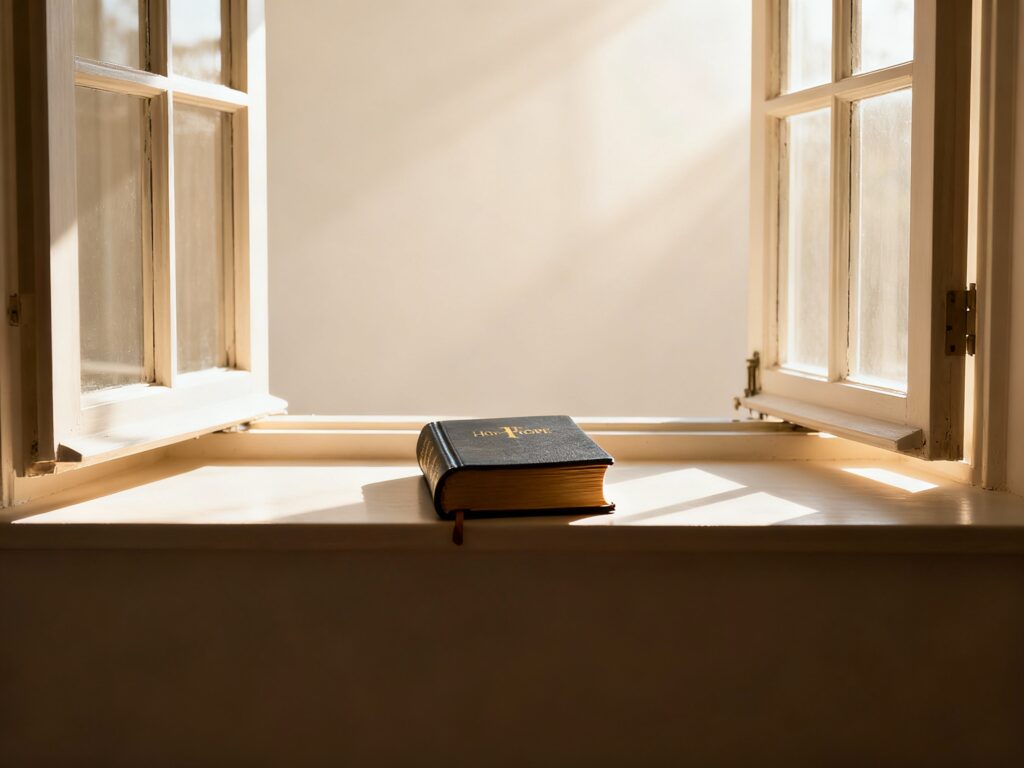 Luz suave entrando por uma janela aberta sobre uma Bíblia centralizada, transmitindo esperança, paz e reflexão cristã com tons quentes em estilo minimalista.