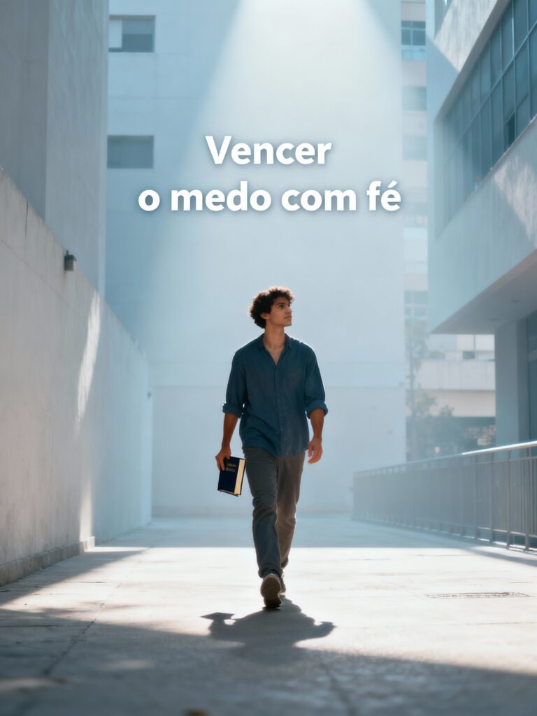 Pessoa caminhando confiante em ambiente urbano, segurando uma Bíblia sob luz suave, transmitindo a mensagem "Vencer o medo com fé", em estilo motivacional cristão.